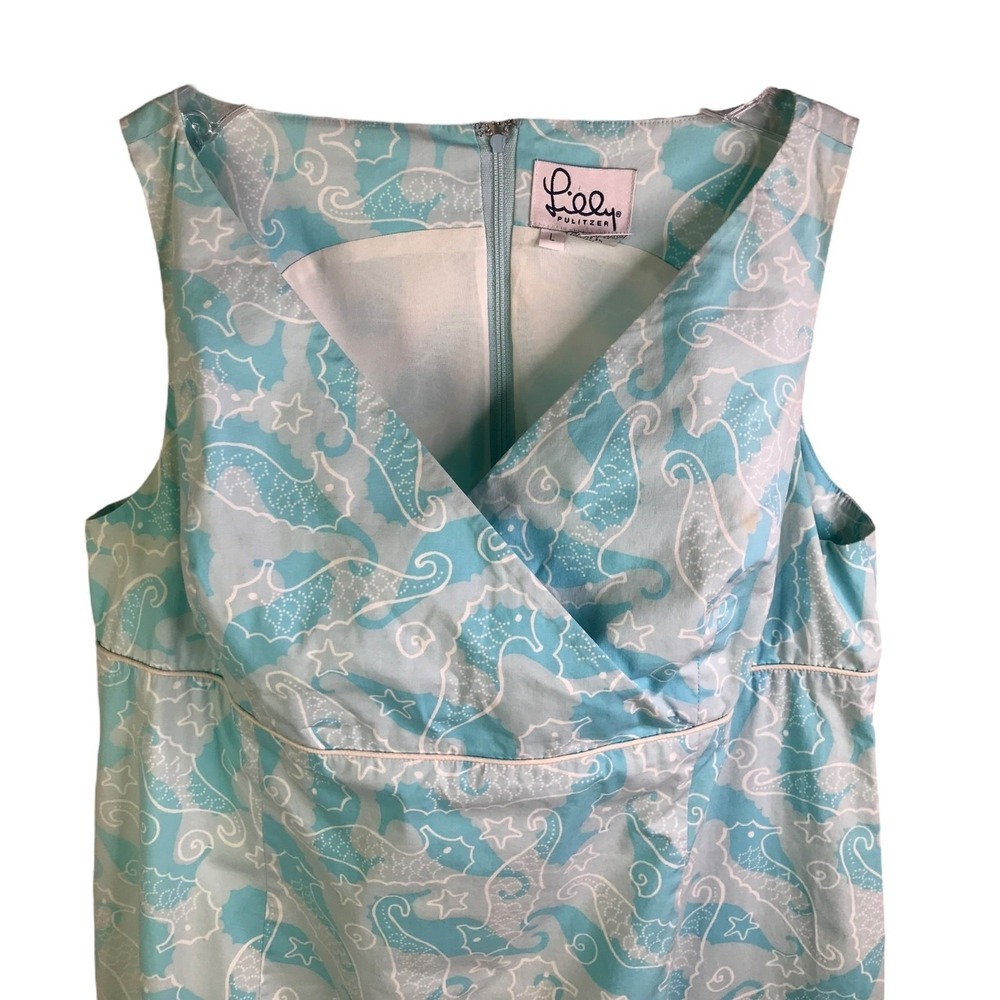 Lilly Pulitzer Dress Womens L Blue Seahorse Starfish Print Shift V-Neck Cotton - Picture 6 of 7